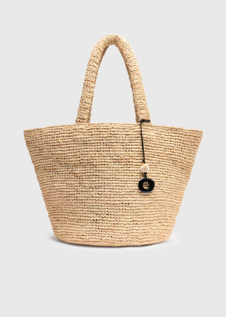 Neutral Straw Tote Bag With Charm