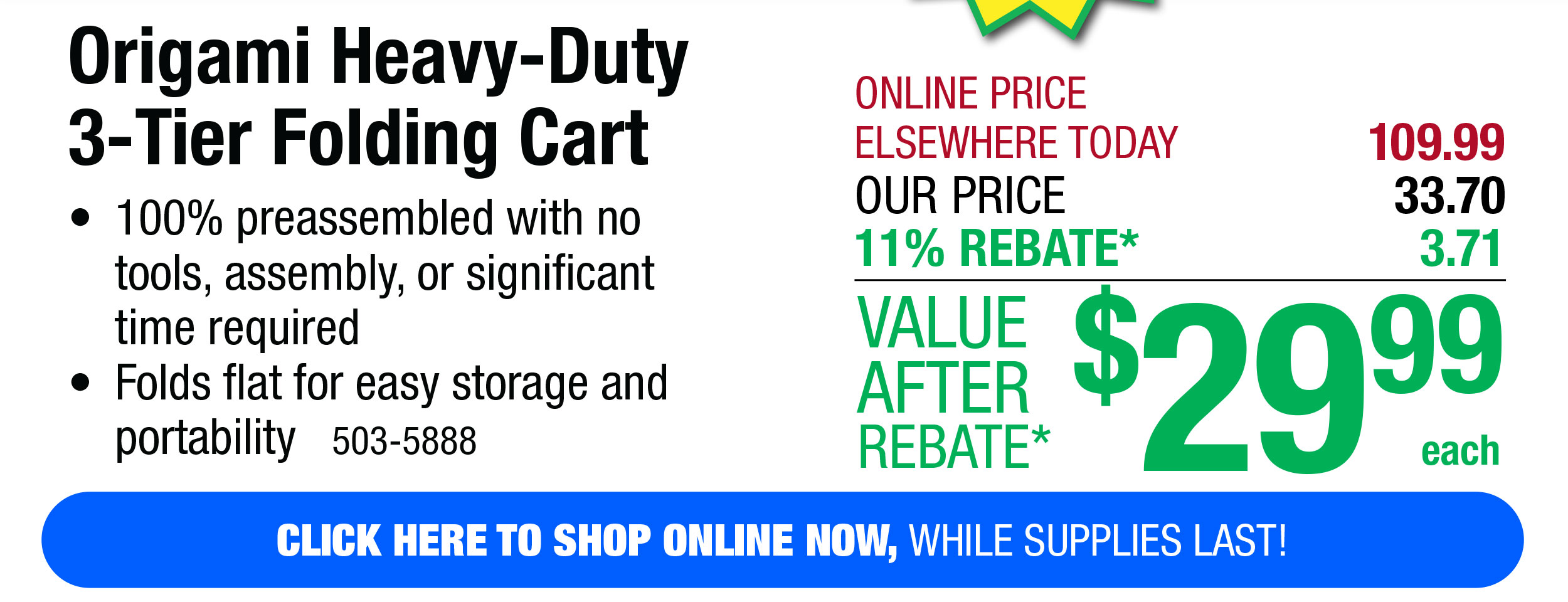 Origami Heavy-Duty 3-Tier Folding Cart - FREE Shipping To Store!
