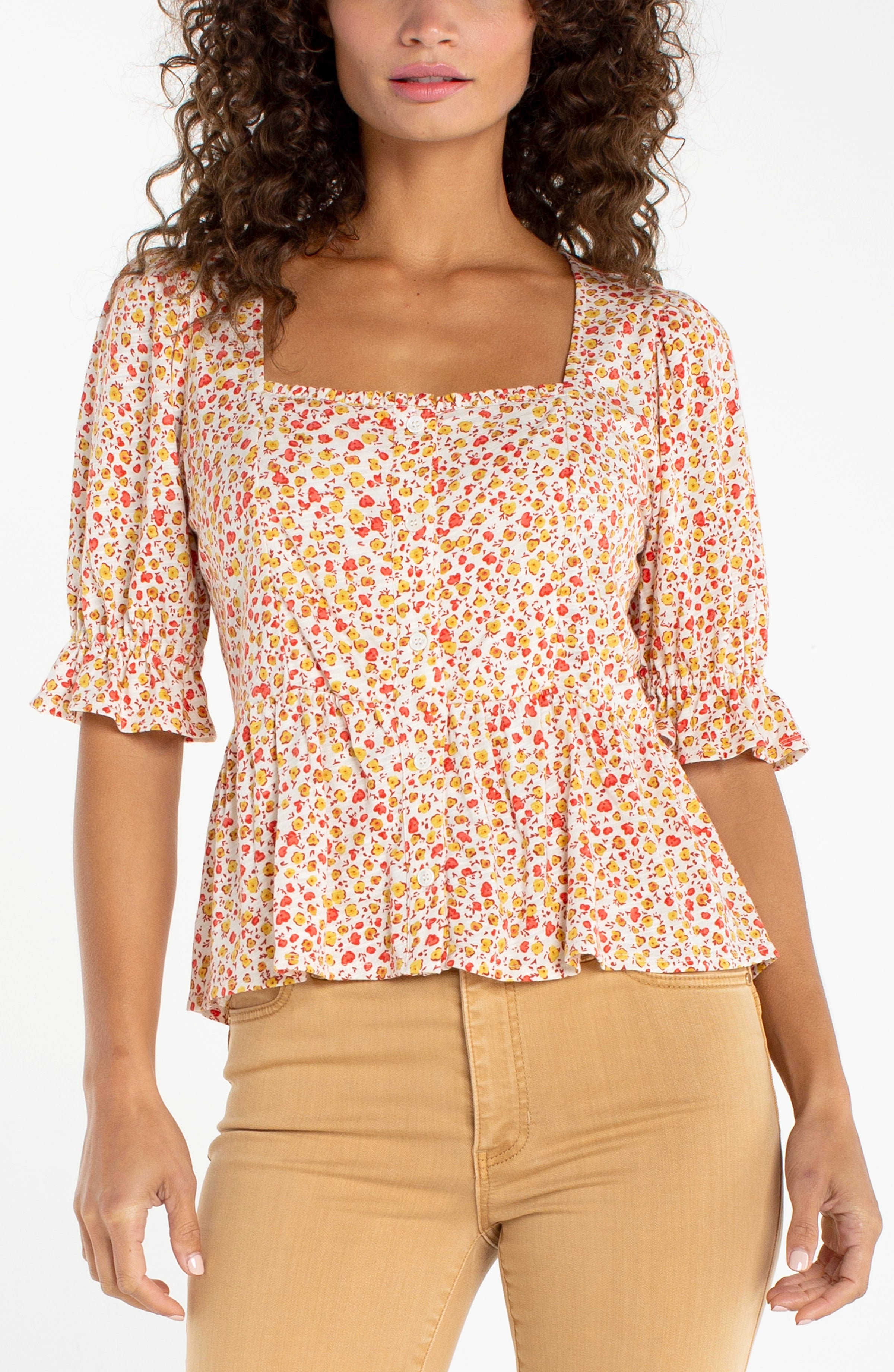 Image of 1/2 PUFF SLEEVE PEPLUM KNIT TOP
