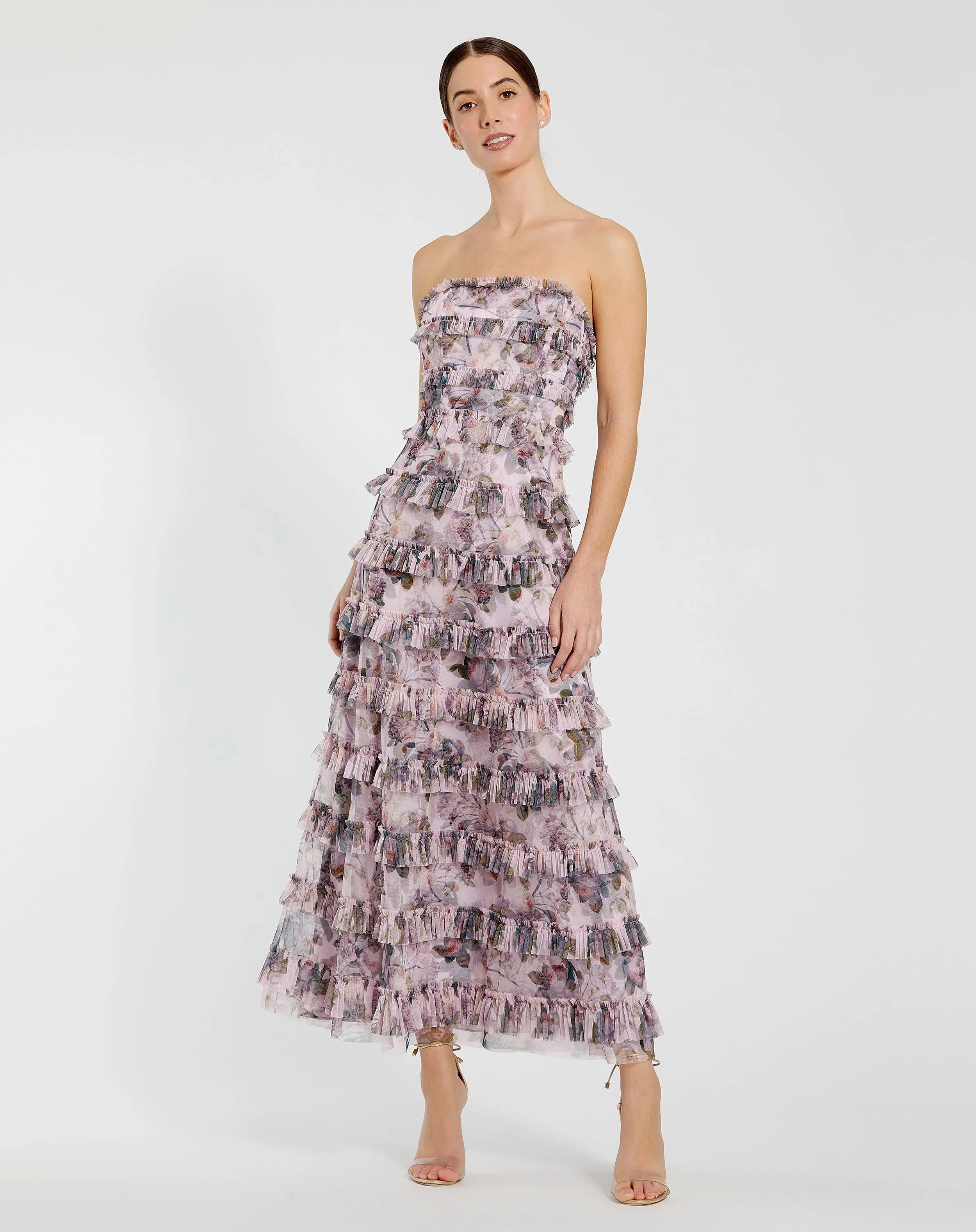 Image of Purple Strapless Floral Micro Ruffle Dress