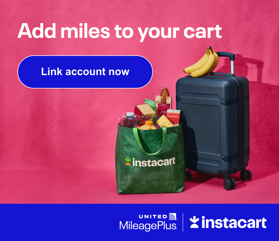Image of a suitcase and bag of groceries with text 'Add miles to your cart'