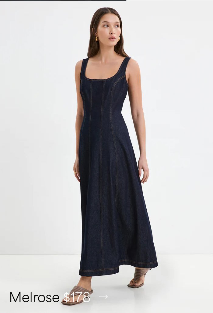 Yada in The Melrose Denim Dress, labeled “Melrose $178.”