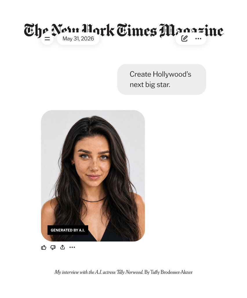 The cover of The New York Times Magazine showing an image of a woman generated by A.I.