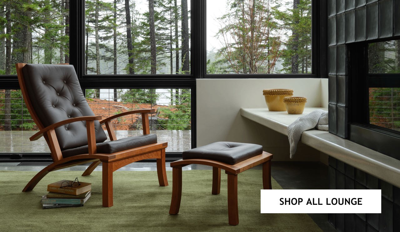 Lolling Chair and ottoman in a living room setting. Button reads: Shop all Lounge