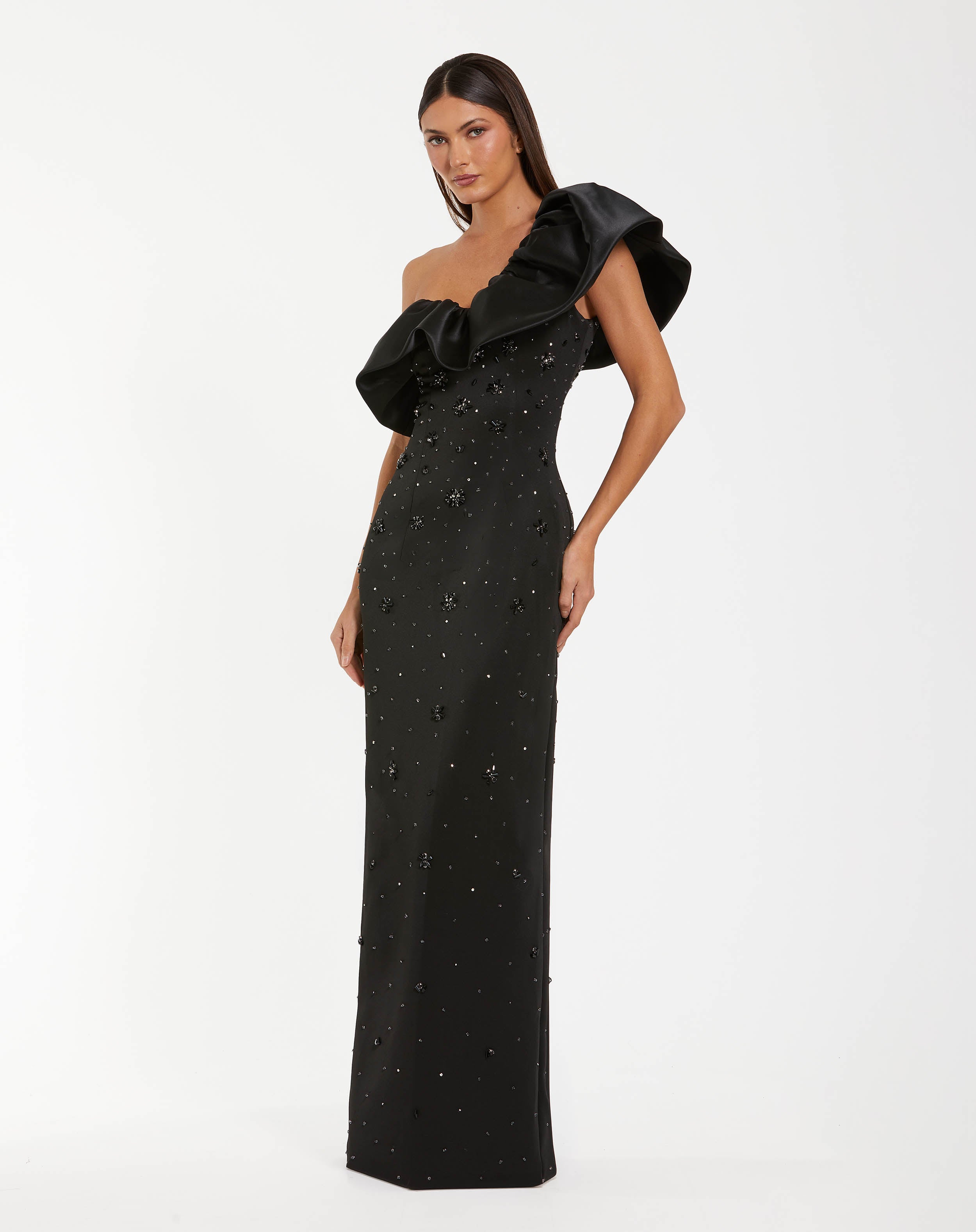 Image of Black Beaded Crepe One Shoulder Gown With Satin Ruffle