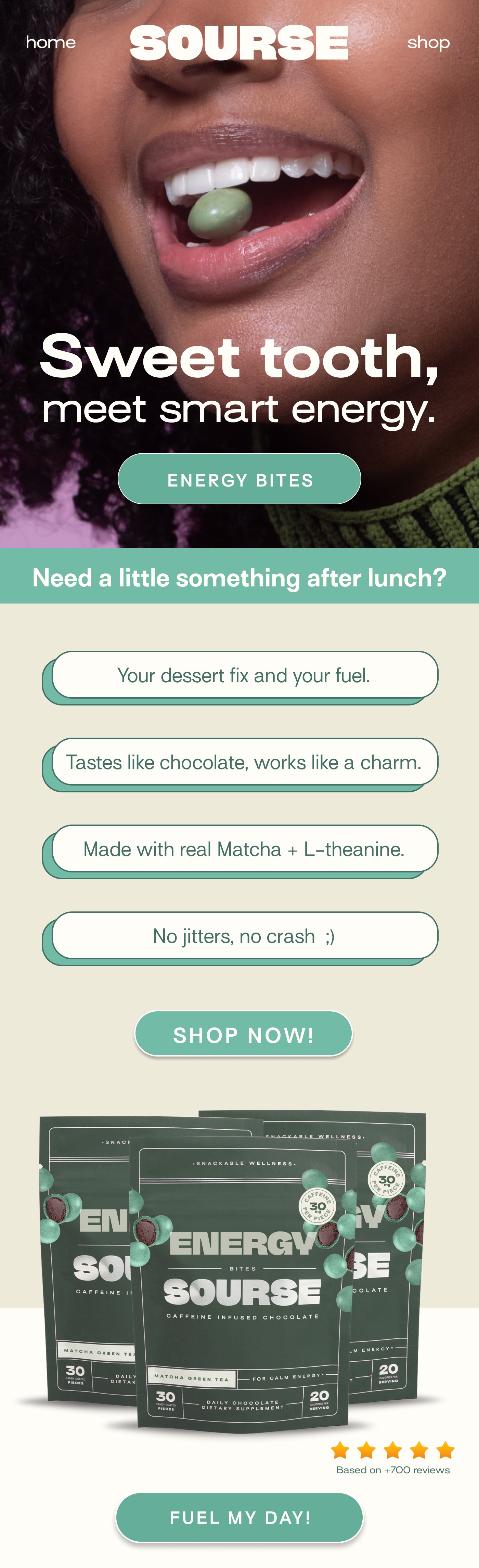 Meet your dessert fix, tastes like chocolate but works like a charm and it's made with real Marcha + L-theanine! SHOP ENERGY BITES