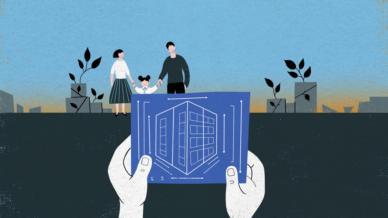 Illustration of hands holding out a blueprint of a building with a family in the background 