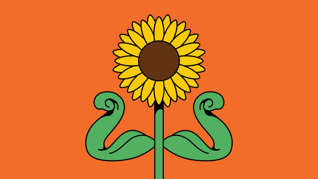 An illustration of a sunflower with two leaves flexed like biceps.