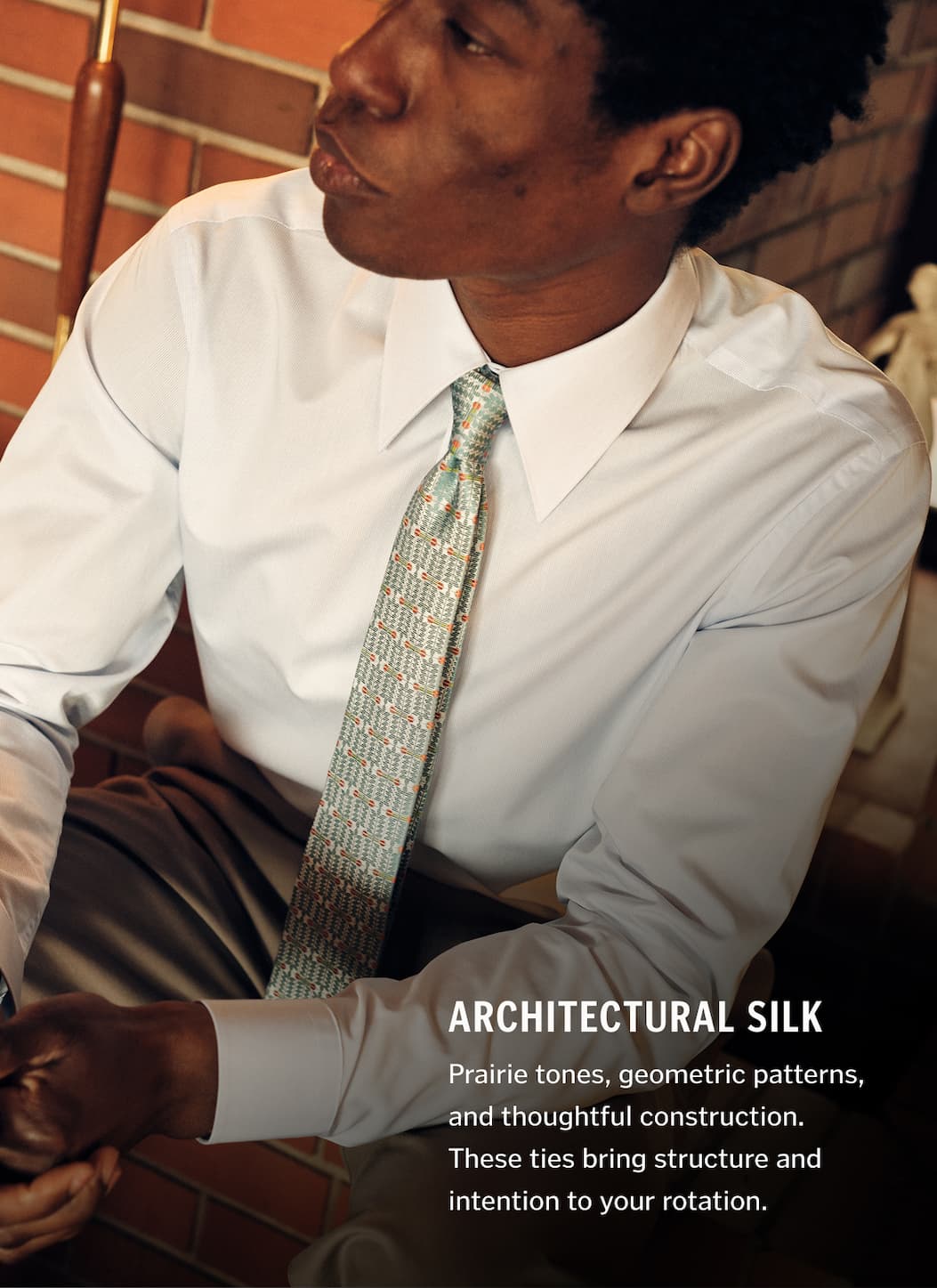 Architectural Silk. From prairie tones to geometric motifs, each tie reflects the lines, patterns, and rhythm of Midway Gardens. Designed to bring structure to modern tailoring.