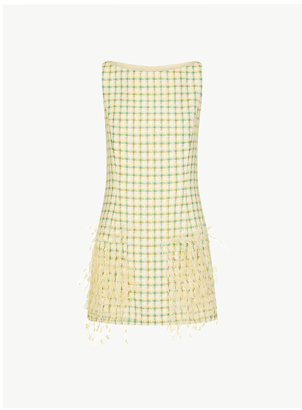 Point d’Esprit Feather Embroidered Checked Tweed Dress
