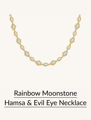 Rainbow Moonstone Hamsa & Evil Eye Necklace