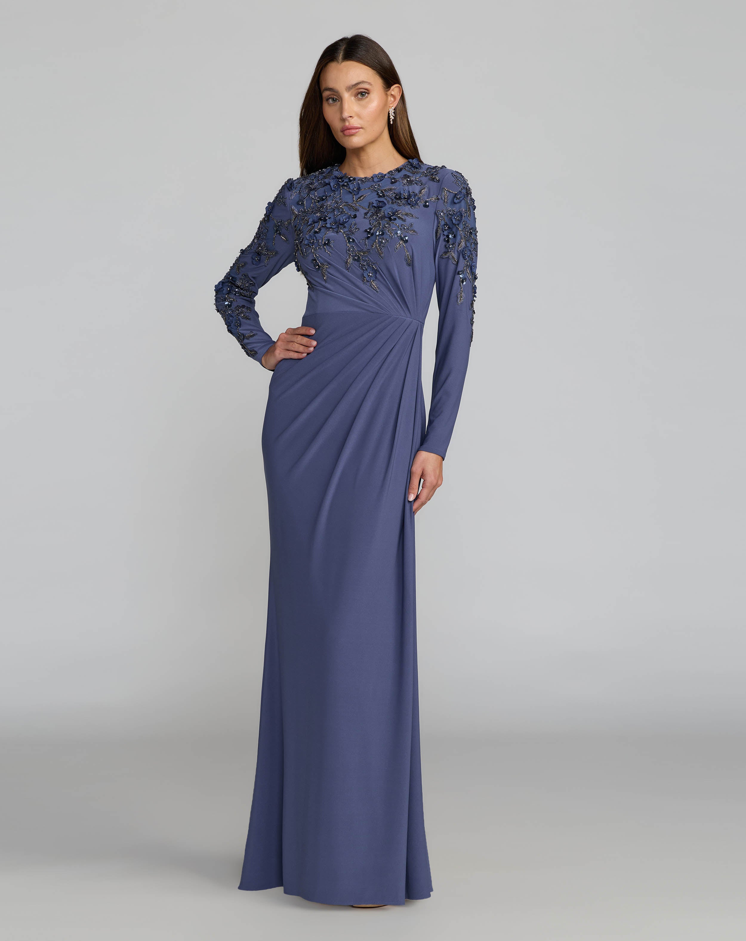 Image of Blue High Neck Long Sleeve Beaded Jersey Gown