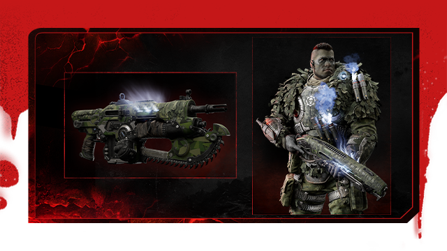 Art showcasing the Exfil Dom Character Skin and the Exfil Weapon Skin Set for Gears of War: E-Day.
