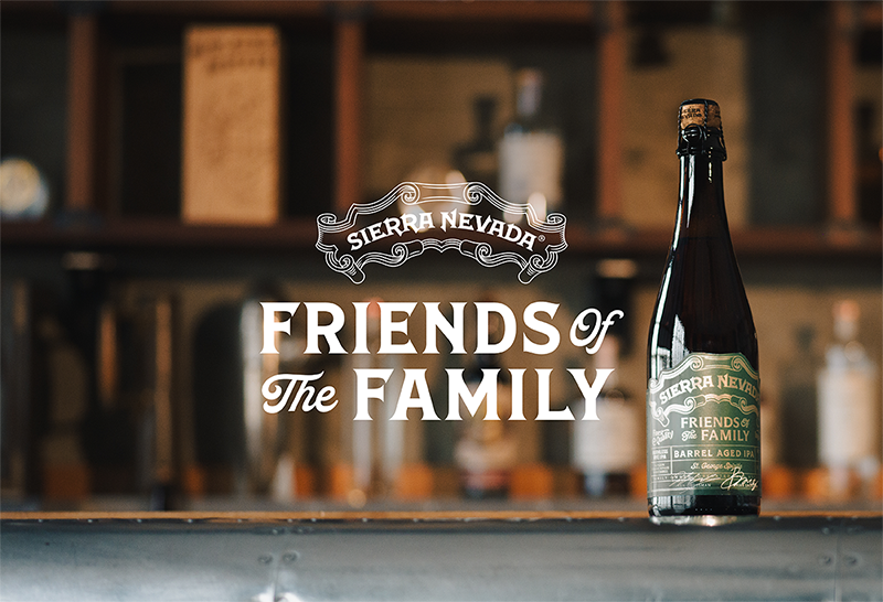 Friends of the Family logo next to a bottle of Barrel-Aged Ruthless Rye IPA