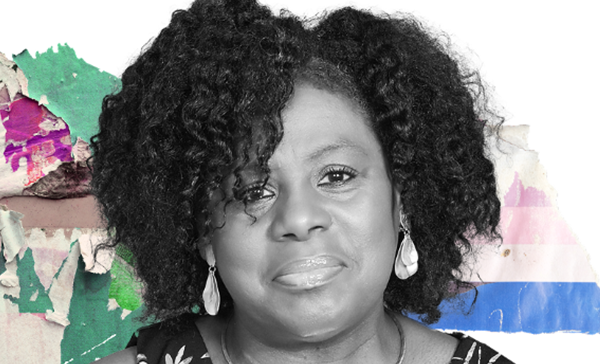 A black and white portrait of a Black woman on a collaged background.