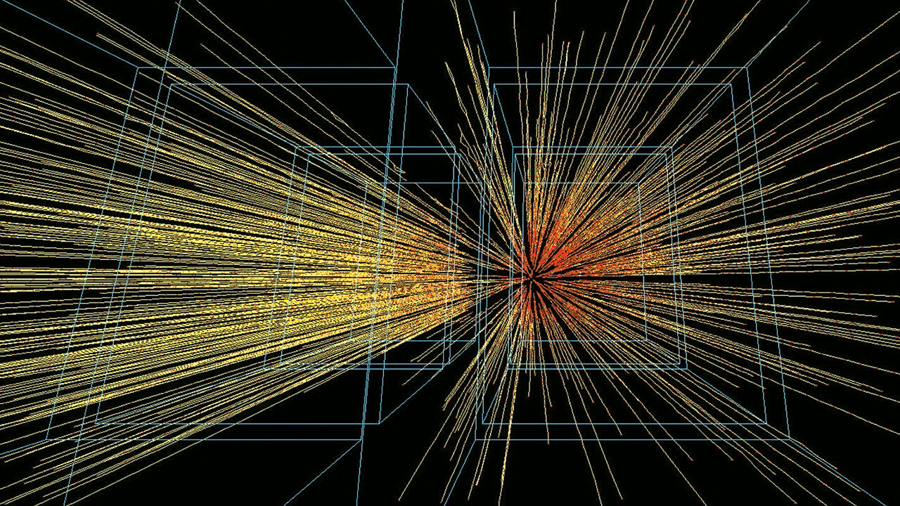 Event display of the particle tracks from an experiment undertaken at the Large Hadron Collider. 