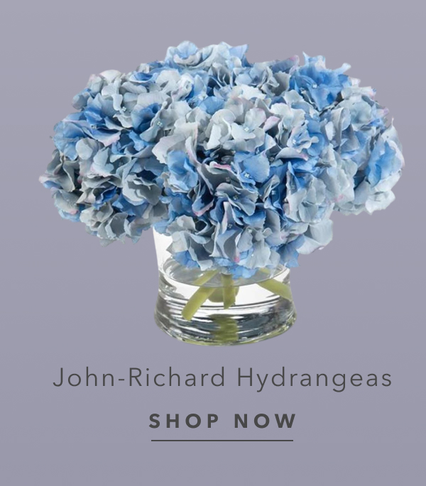 John-Richard Coastal Beach Evening Blue Hydrangeas In Concave Glass Vase