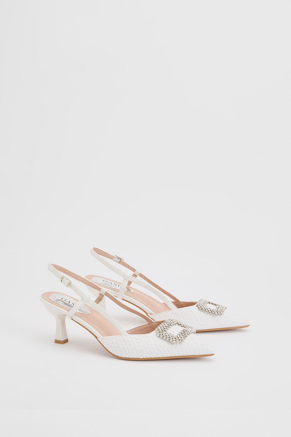 Layla Faux Leather Woven Embellished Square Trim Point Kitten Heel Court Shoes