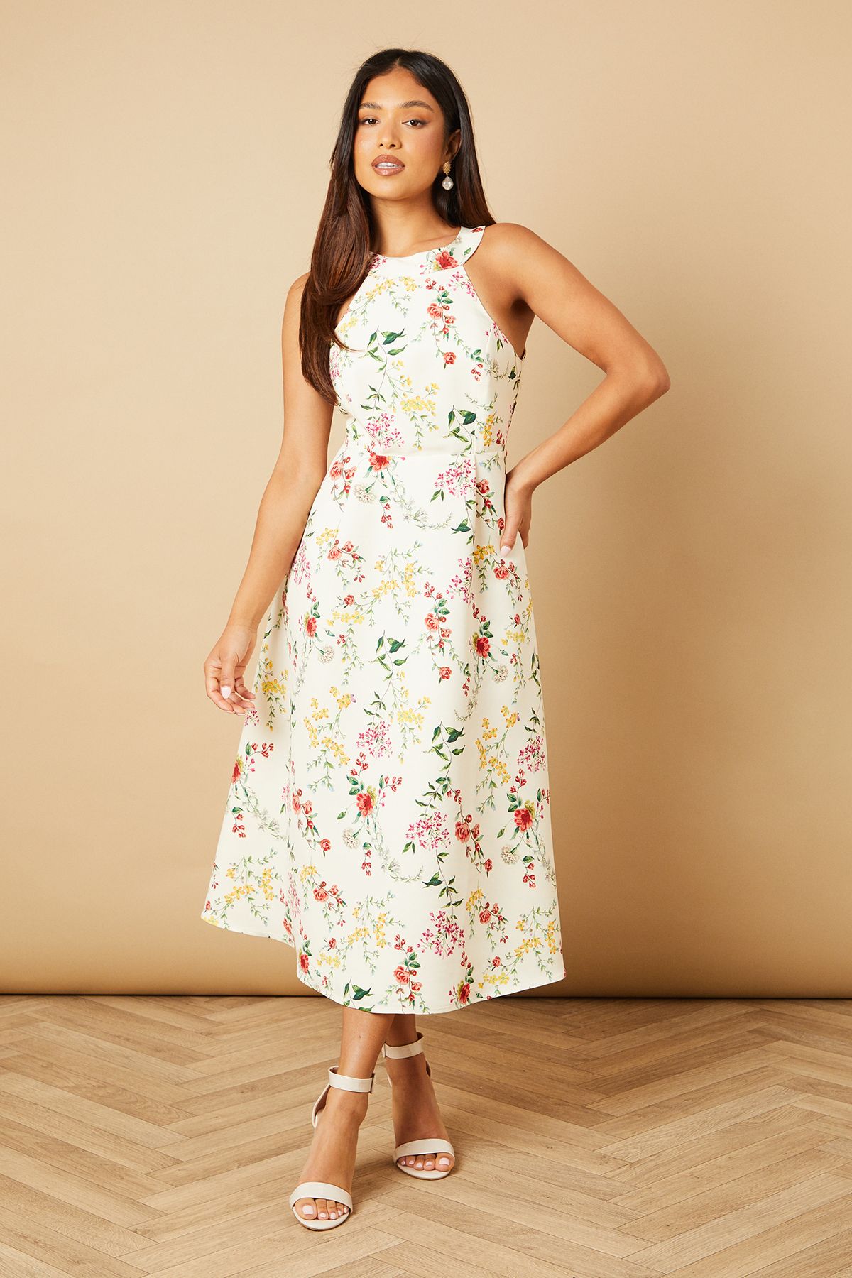 Petite Floral Ottoman Twill Halter Midi Dress