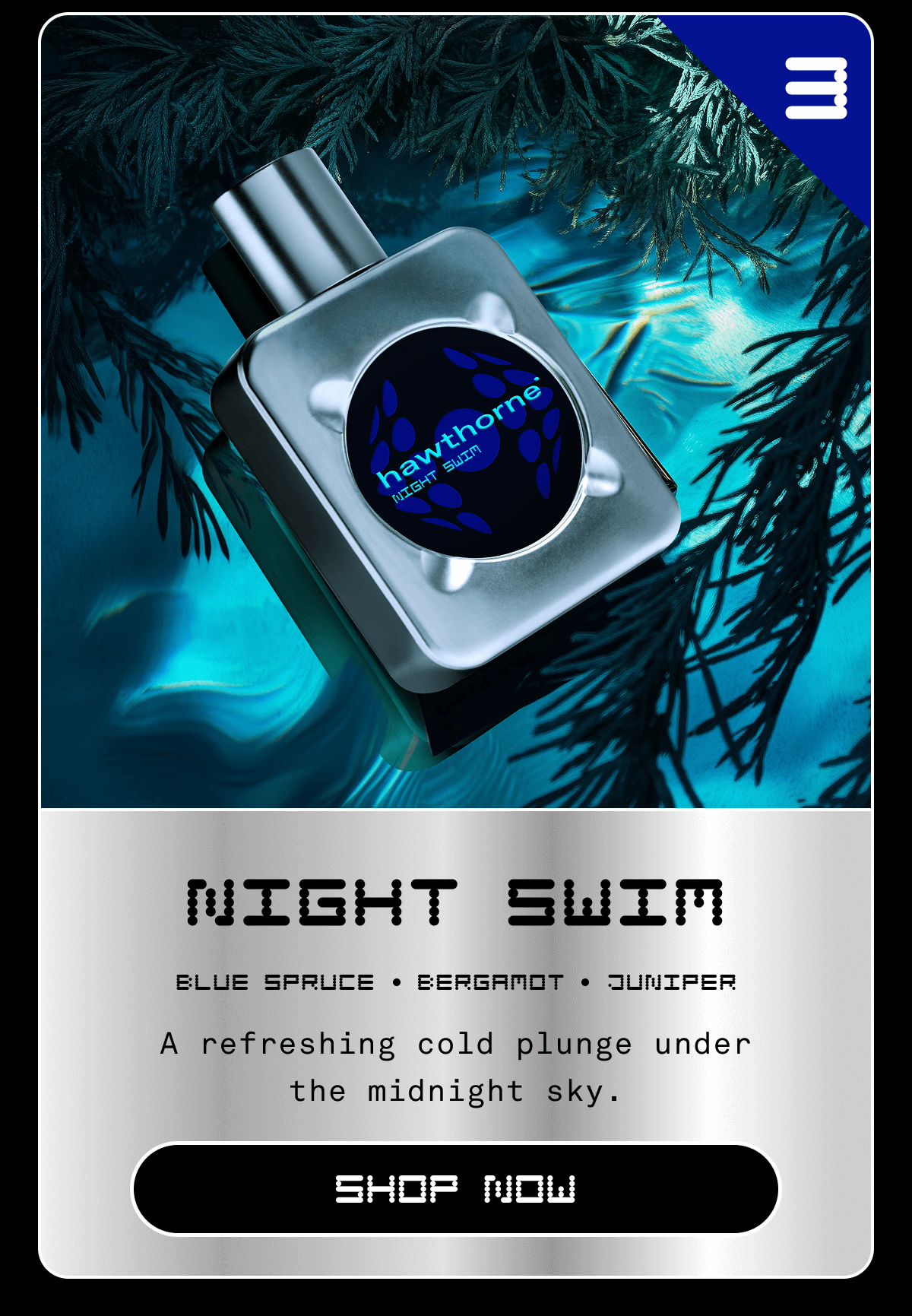 Night Swim A refreshing cold plunge under the midnight sky.  Key notes: Blue Spruce • Bergamot • Juniper | SHOP NOW