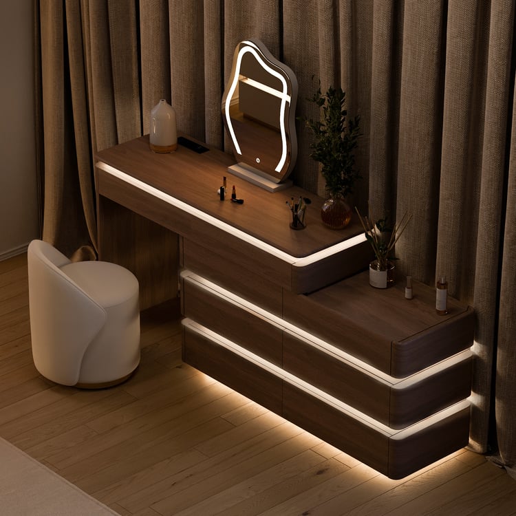 Lumio Walnut Rotating Lighted Makeup Vanity with Charging Station & Mirror