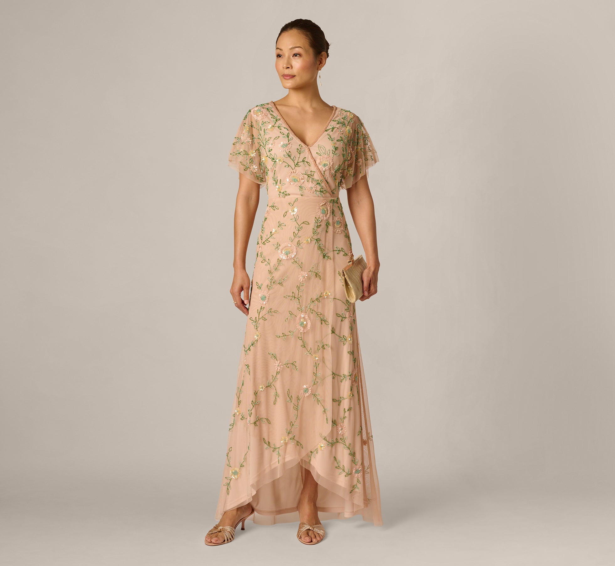 Image of Flutter Sleeve Beaded Wrap Dress In Blush Multi