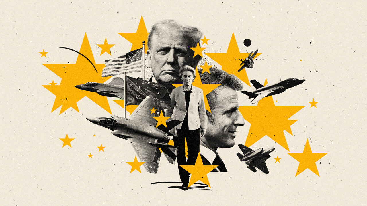 This is a collage-style illustration with fighter jets, yellow stars, an American flag. Donald Trump, Macron, and Ursual von der leyen. The background is beige, and the image has a bold, dramatic feel with elements of war and politics.