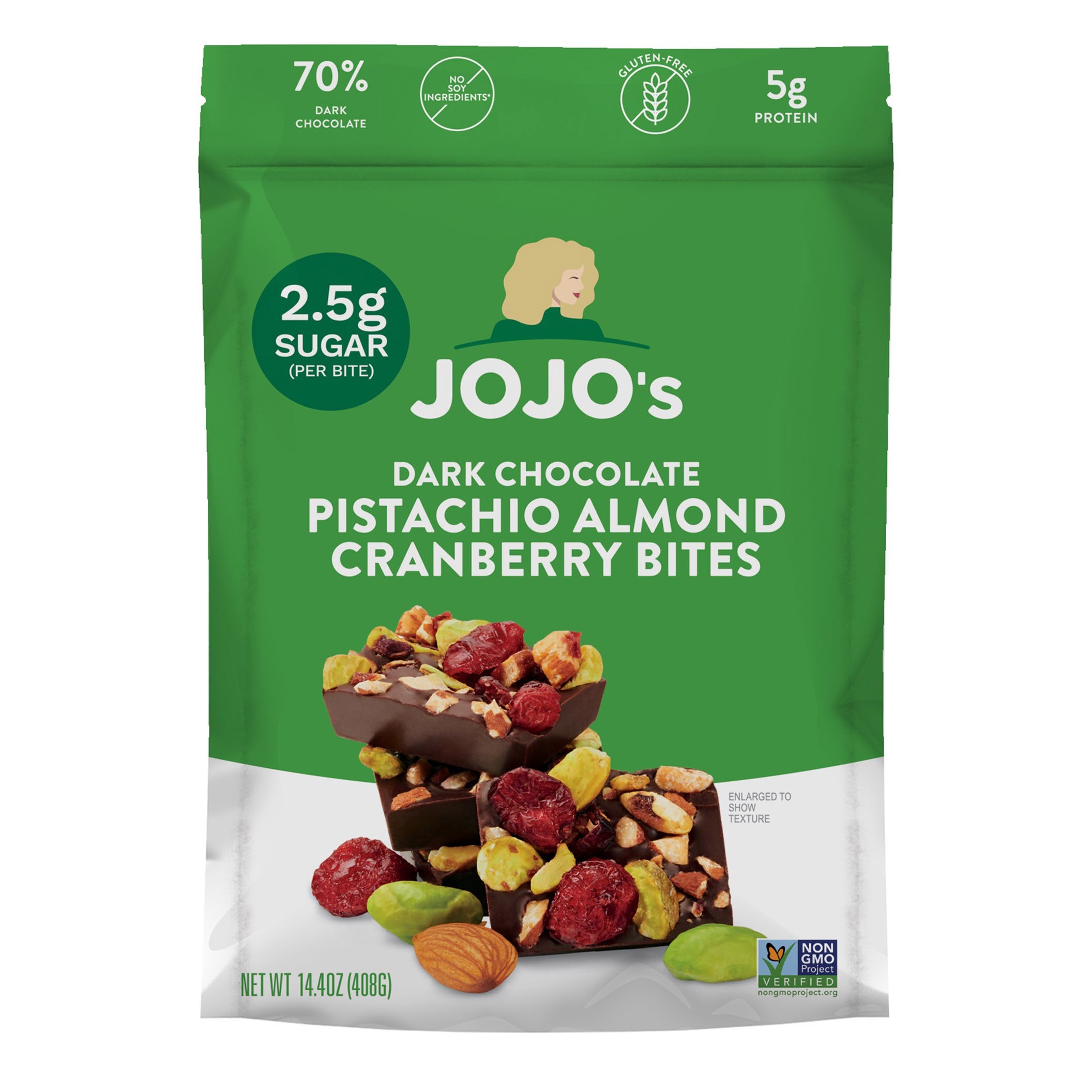 JOJO’s Dark Chocolate Pistachio Almond Cranberry Bites