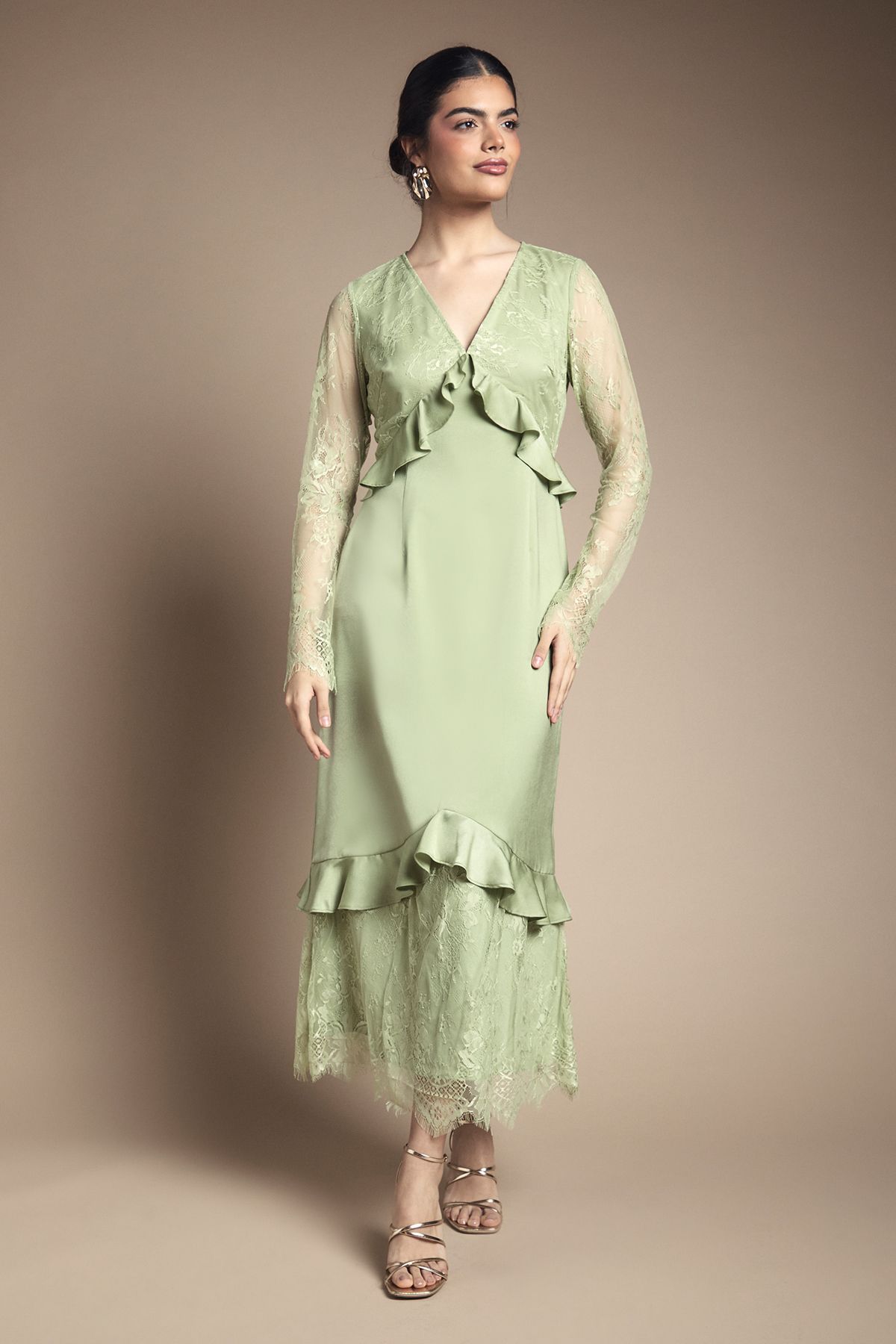 Lace Panel Detail Frill Hem Midi Dress