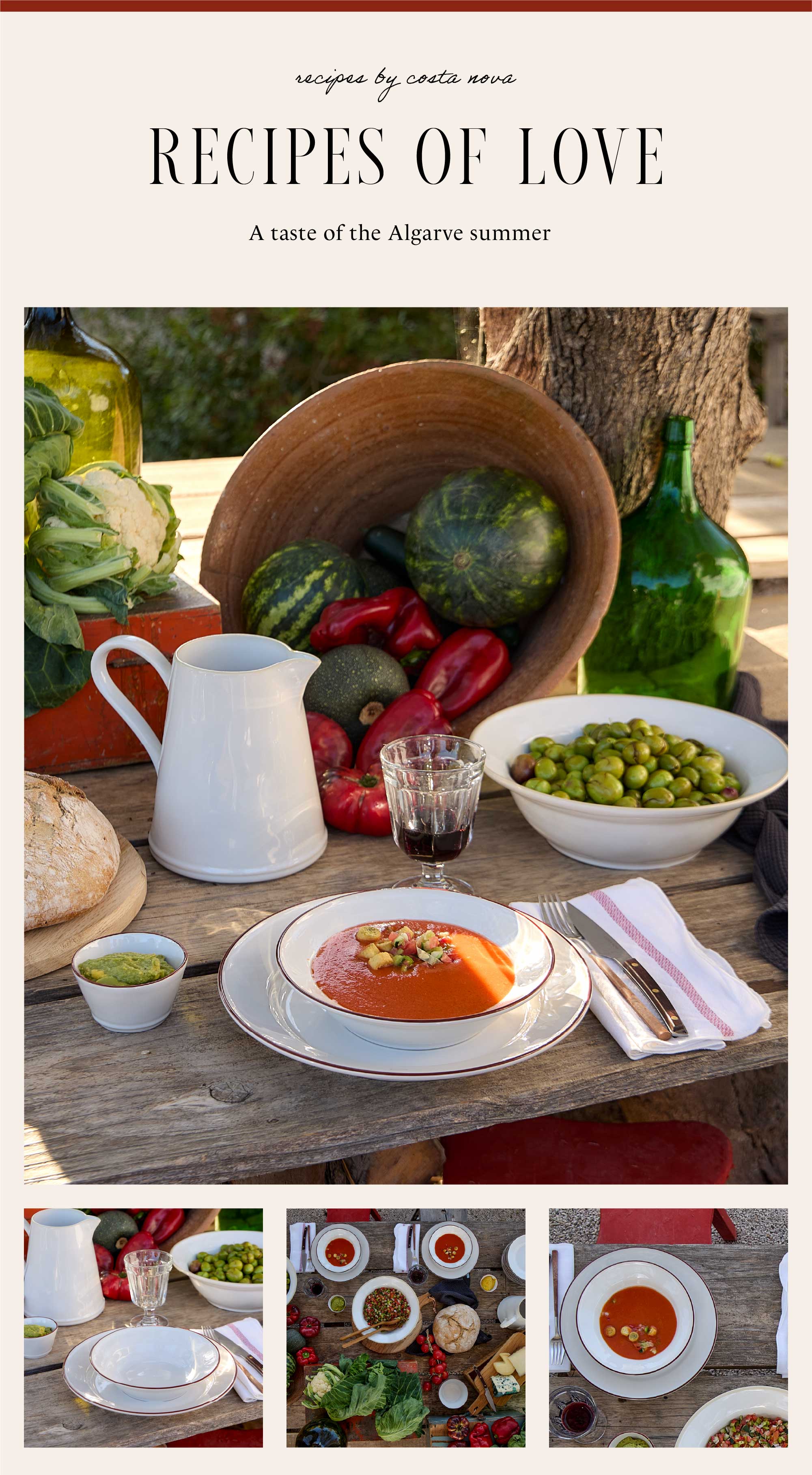 Text on red background: Highlighting Beja collection, with an introduction to the Algarve summer of simple, rustic flavours and suggestions for slow, sun-filled moments