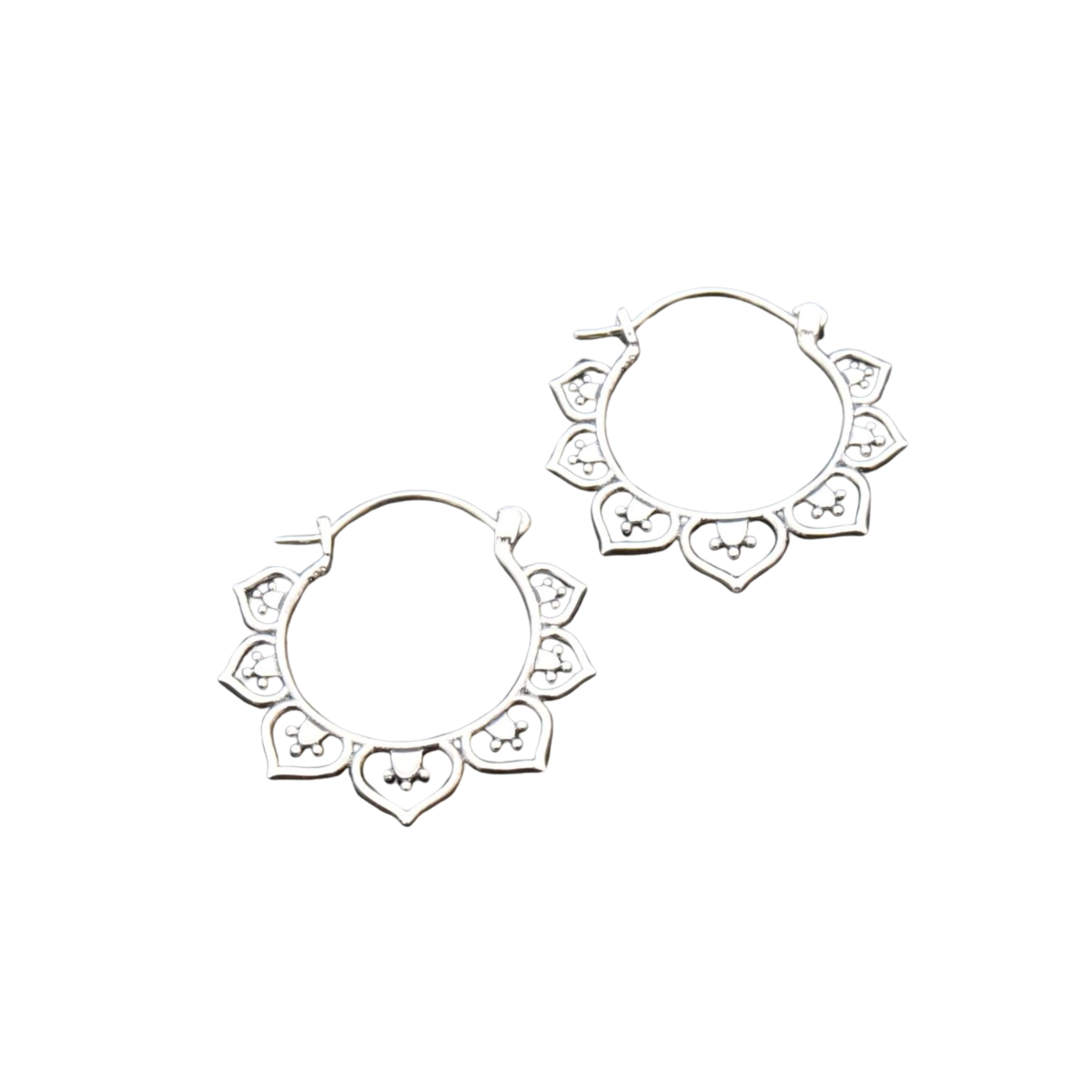 Image of Sterling Silver Lotus Decorated Drop Hoop