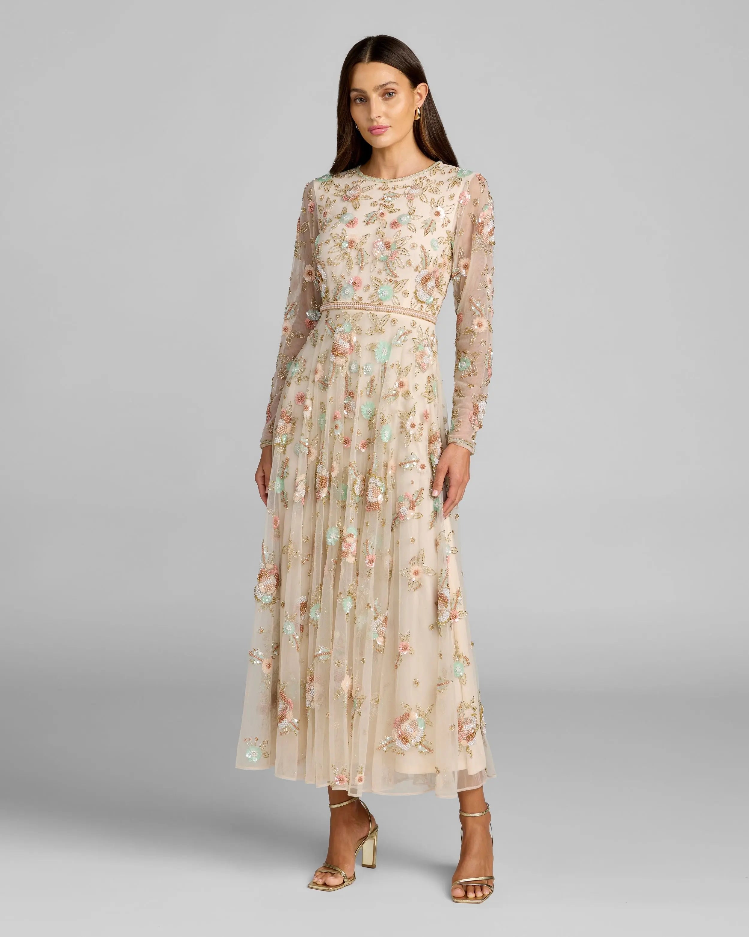 Image of Beige Floral Embellished Long Sleeve Midi Dress