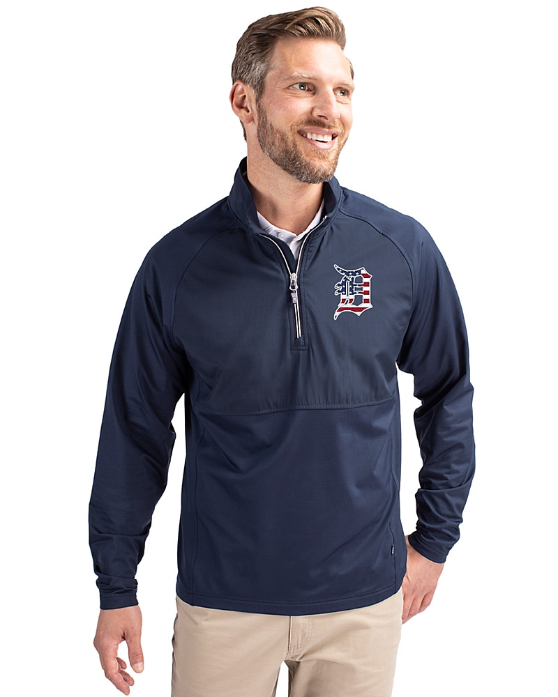 Image of Detroit Tigers Stars & Stripes Cutter & Buck Adapt Recycled Soft Knit Stretch Mens Hybrid Quarter Zip Pullover 