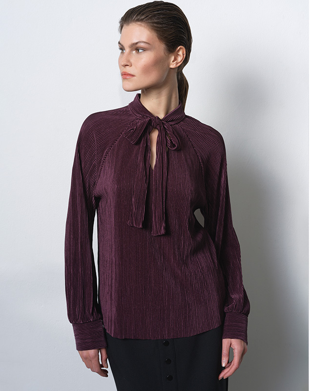 Rylah Plisse Long Sleeve Tie Neck Shirt