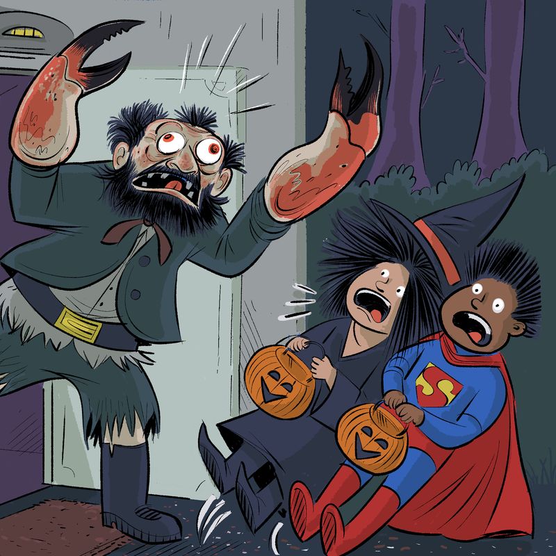 Man with crab claw hands scaring trick-or-treaters.