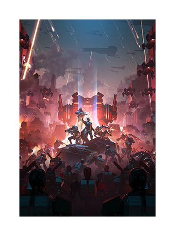 Art for HELLDIVERS 2 depicting a party under siege by the Cyborg Legion.