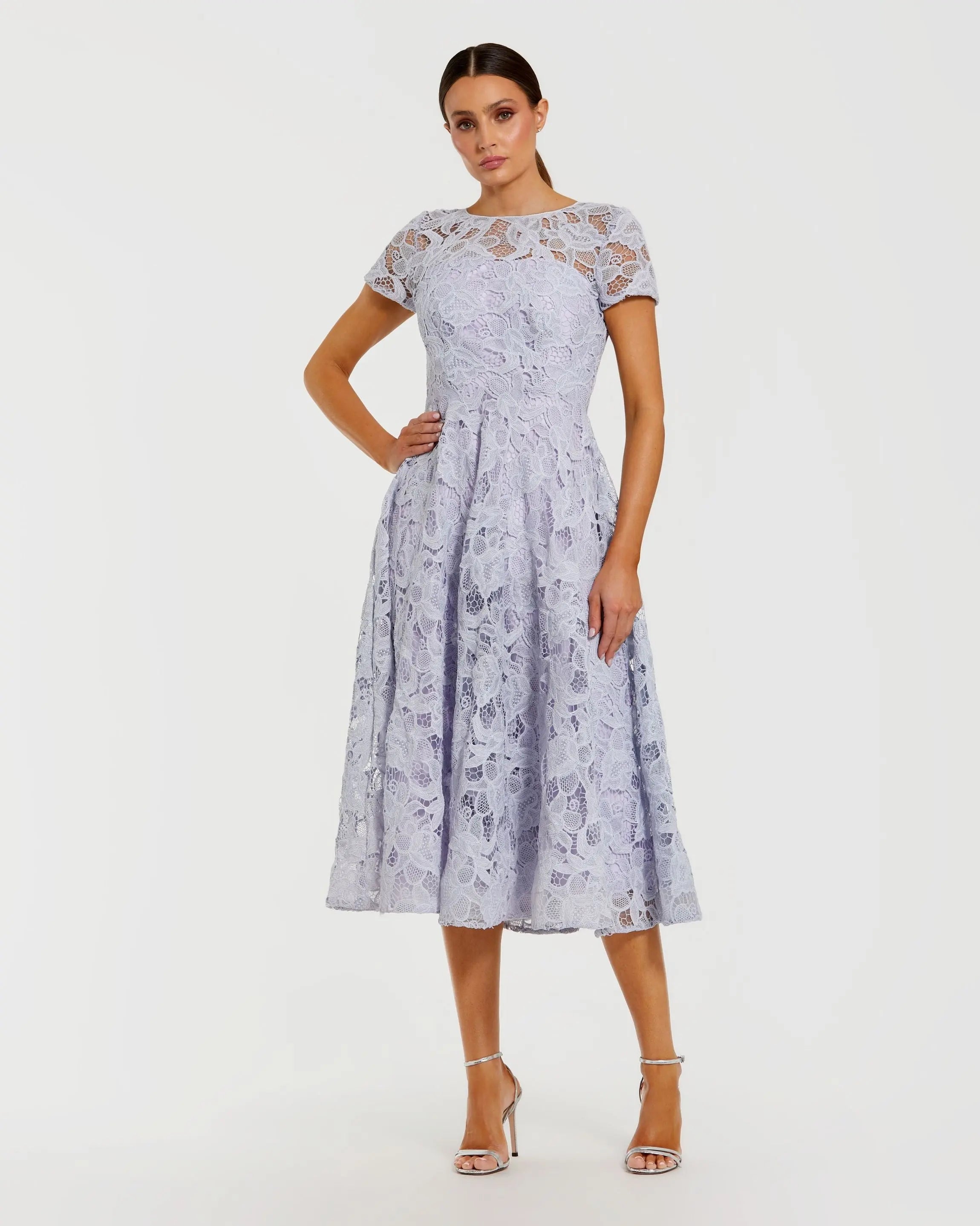 Image of Purple Embellished Lace Short Sleeve Midi Dress