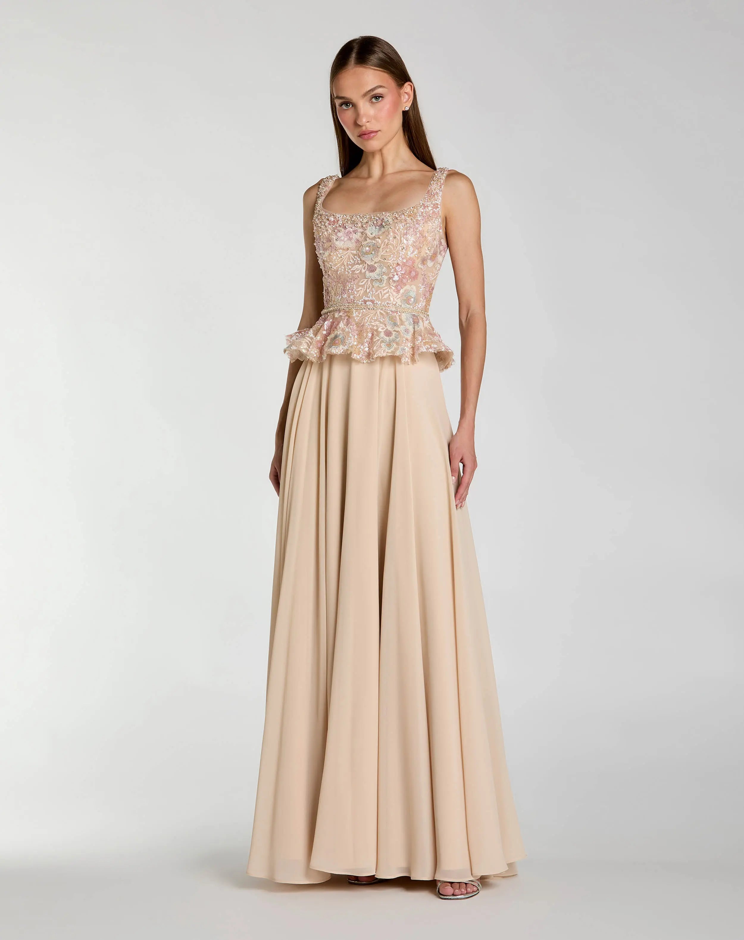 Image of Petite Beige Embroidered Peplum Top With Chiffon Skirt Gown