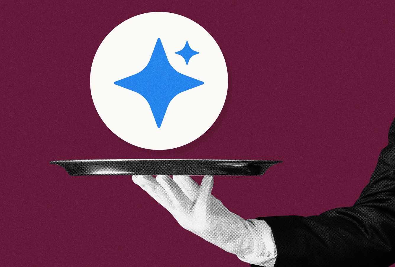 Waiter carrying a silver platter with an AI symbol floating above