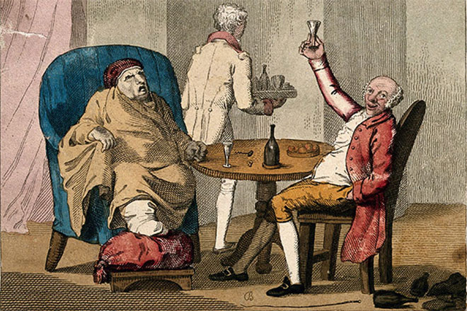  Coloured etching by T.L. Busby, 1826, depicting a patient with gout.