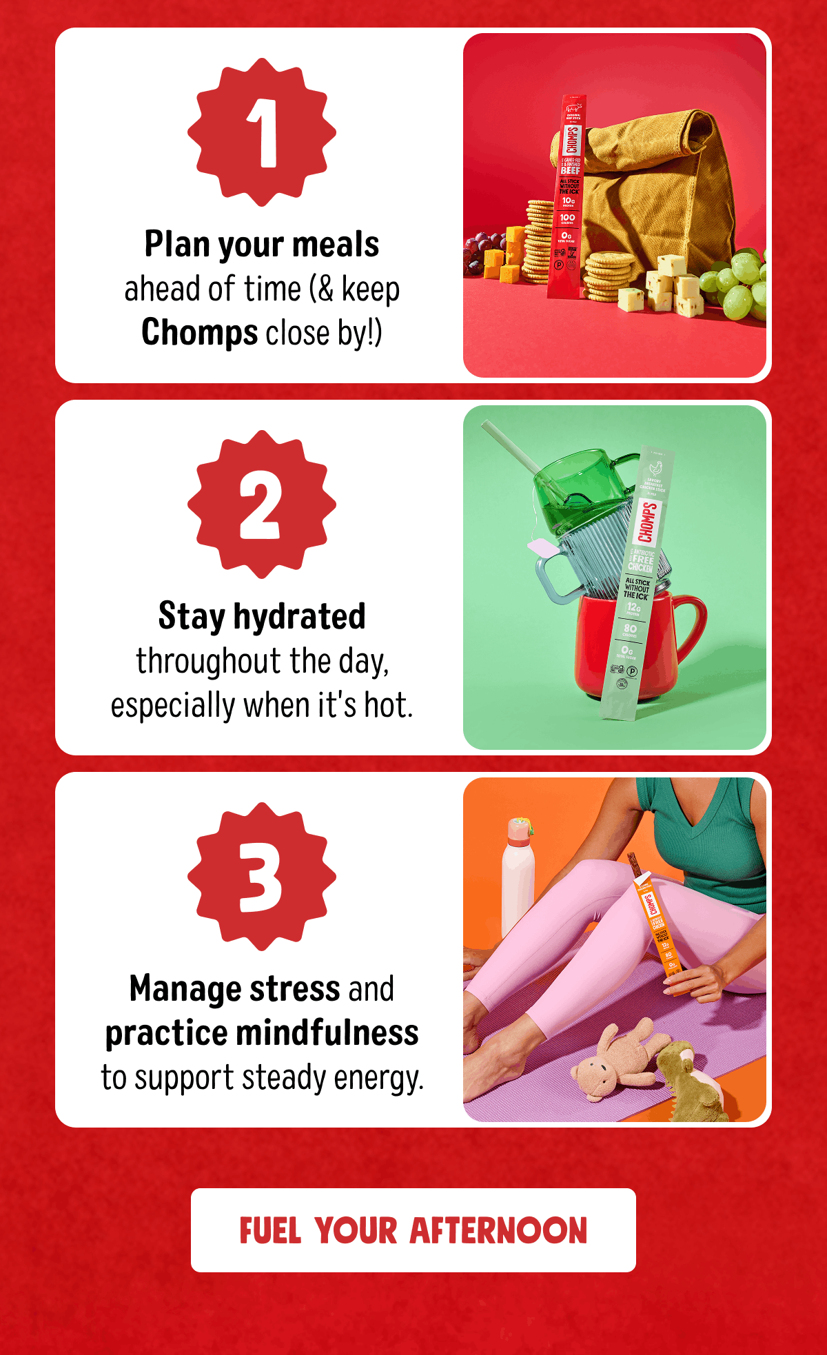 1. Plan your meals ahead of time (& keep Chomps close by!) | 2. Stay hydrated throughout the day, especially when it's hot. | 3. Manage stress and practice mindfulness to support steady energy. | Fuel Your Afternoon