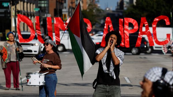 Demonstrators take part in a protest against the US backing of the Israeli military operation in Gaza.