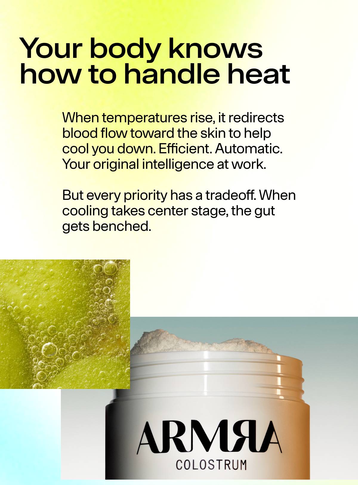 Your body knows how to handle heat When temperatures rise, it redirects blood flow toward the skin to help cool you down. Efficient. Automatic. Your original intelligence at work.  But every priority has a tradeoff. When cooling takes center stage, the gut  gets benched.
