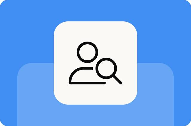 Cornflower blue background with a lighter blue offset shadow, featuring an off-white rounded square icon with a black outlined illustration of a person with a magnifying glass.