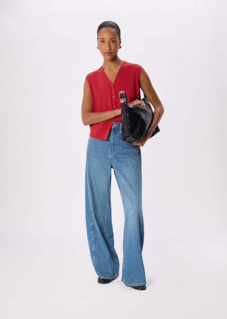 Red V Neck Button Front Knit Tank