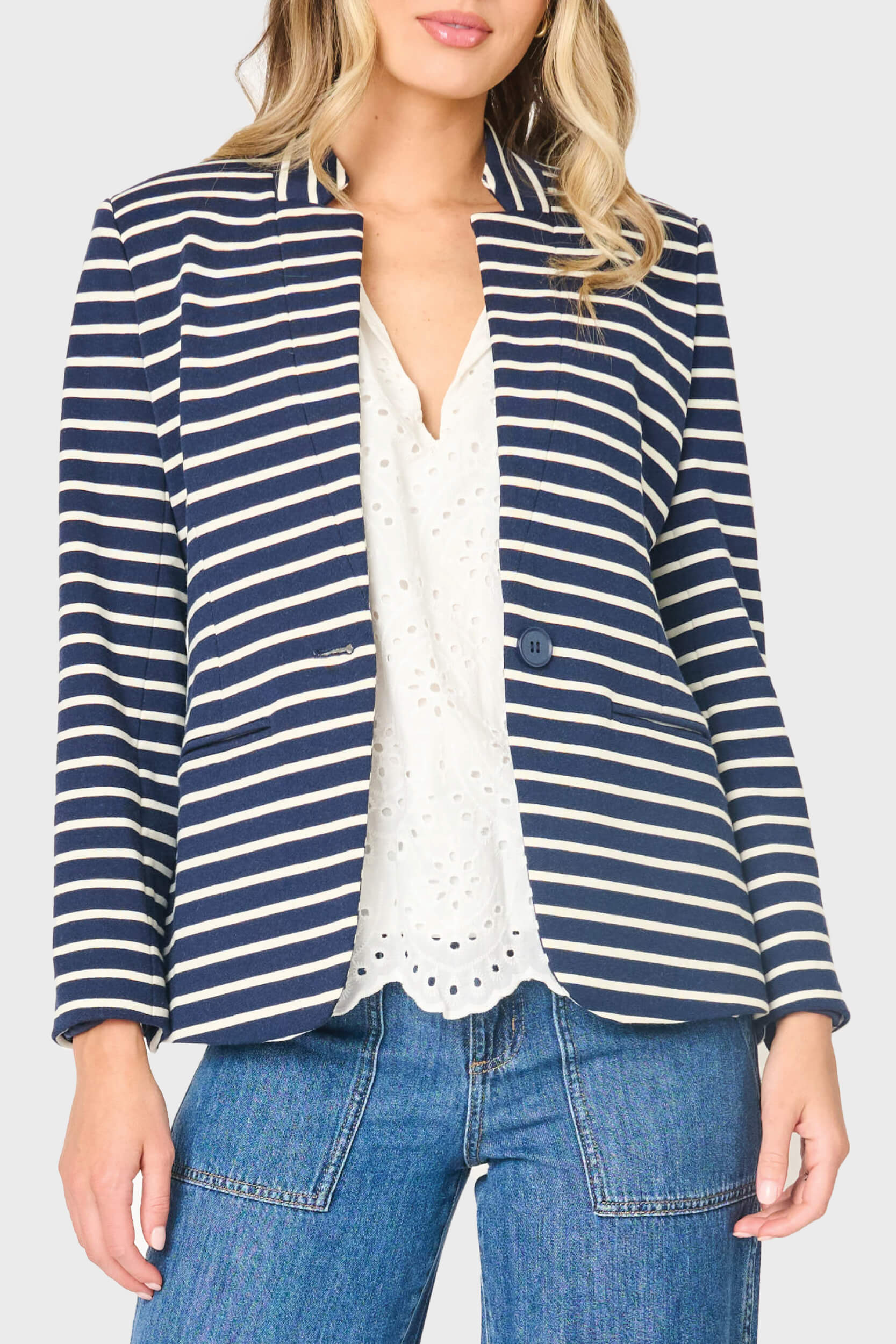 Image of Striped Notch Collar Blazer in Navy Ivory Stripe