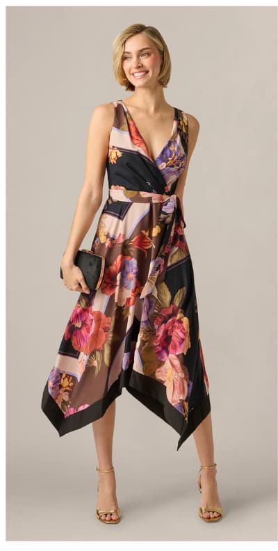 Floral Print Handkerchief Midi Dress In Black Multi