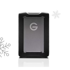 G-Technology rugged external hard drive with a prominent 'G' logo on a white background.