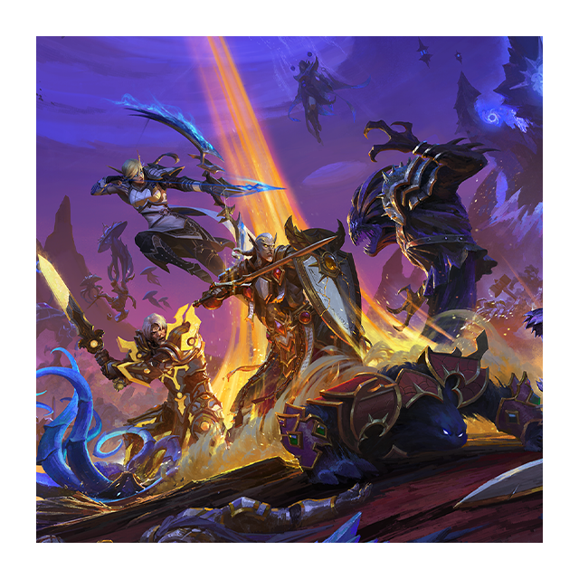 Warriors make a valiant stand as Void creatures attack them from all sides in art for World of Warcraft: Midnight.