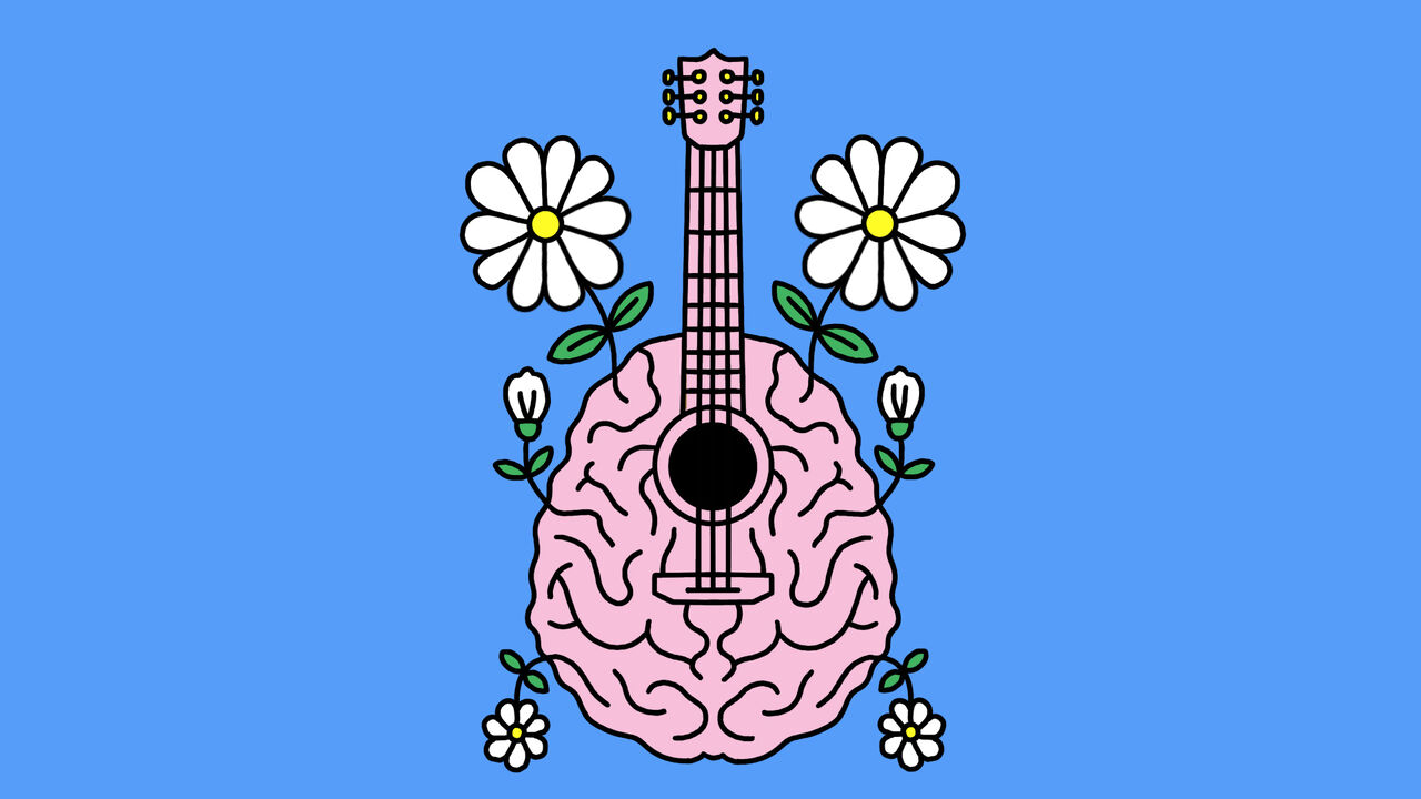 A guitar in the shape of a brain that's also sprouting flowers